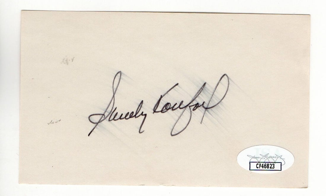Sandy Koufax Autographed 3X5 Index Card Dodgers JSA Certified: Sandy Koufax Autographed 3X5 Index Card Dodgers JSA Certified This is an original 3X5 index card autographed by Sandy Koufax, a legendary player of the Los Angeles Dodgers. The autograph has been auth