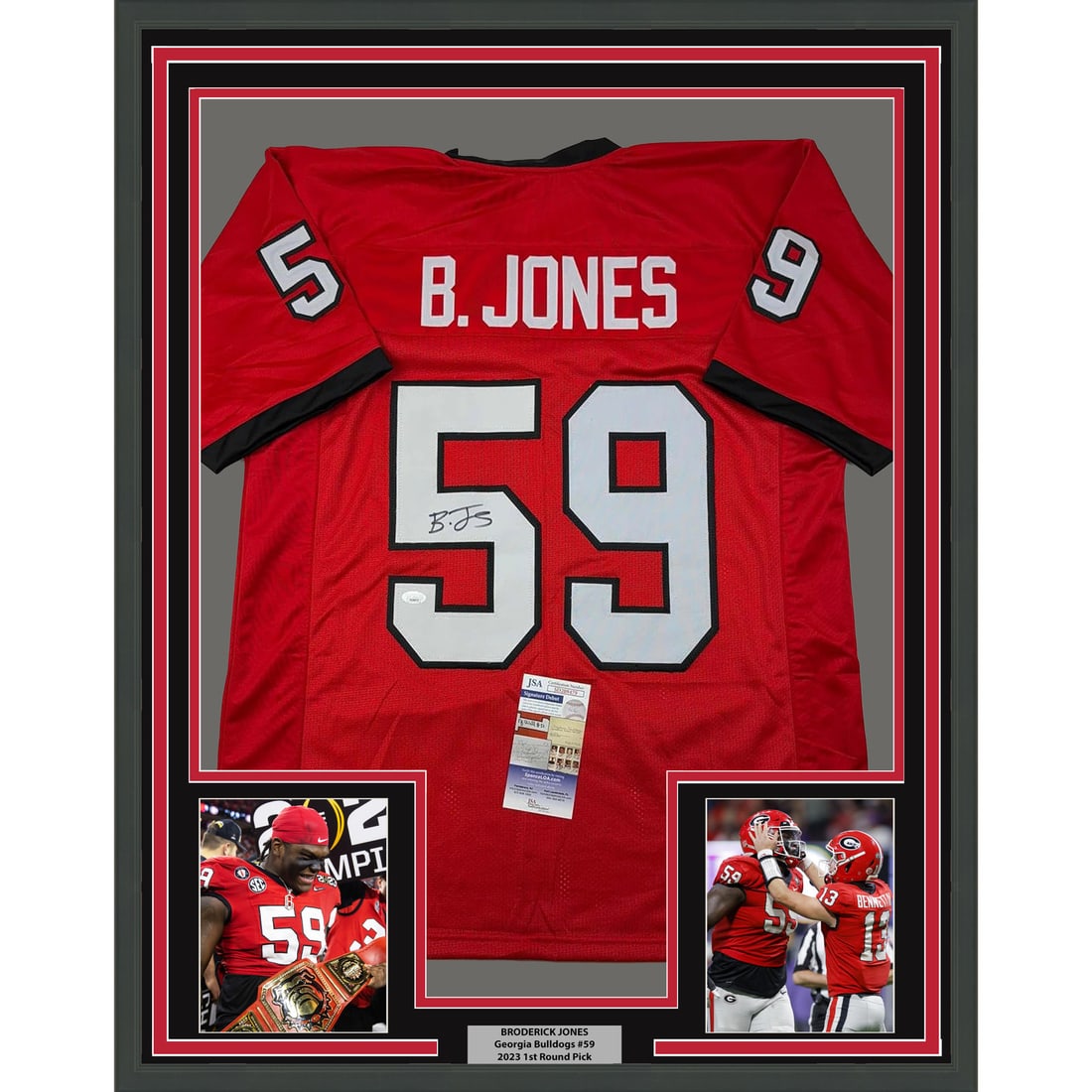 Framed Autographed Broderick Jones Georgia Bulldogs Jersey with JSA COA: Framed Autographed Broderick Jones Georgia Bulldogs Jersey with JSA COA Showcase your team spirit with this professionally framed and matted autographed jersey of Broderick Jones from the Georgia Bull