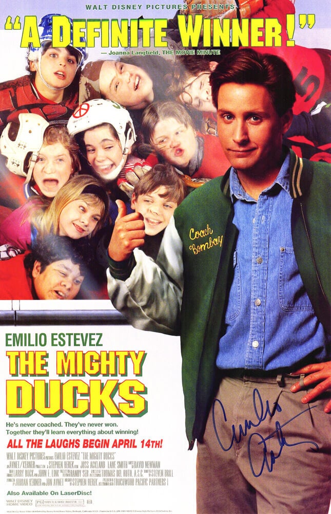 Emilio Estevez Signed Mighty Ducks 11x17 Movie Poster COA: Emilio Estevez Signed Mighty Ducks 11x17 Movie Poster COA This original 11x17 movie poster from 'The Mighty Ducks' features the signature of Emilio Estevez, known for his role in the film. The poster