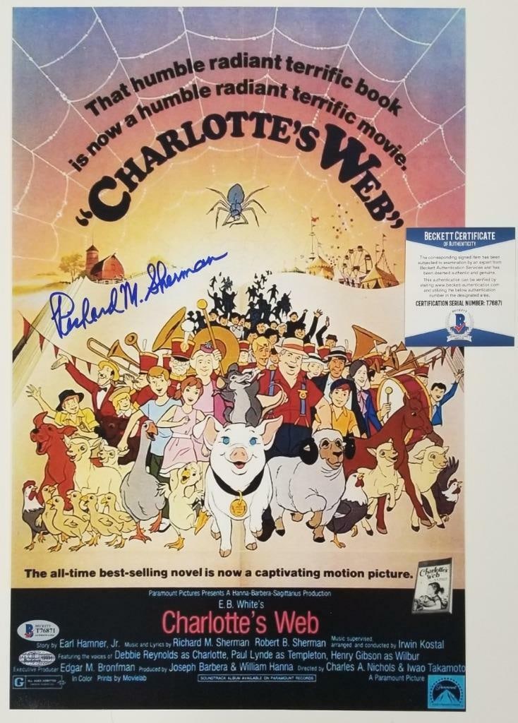 Richard Sherman Autographed 11x17 Charlotte's Web Photograph With Beckett COA: Richard Sherman Autographed 11x17 Charlotte's Web Photograph With Beckett COA This is an original 11x17 photograph signed by songwriter Richard Sherman. The item comes with a Beckett BAS Certificate o