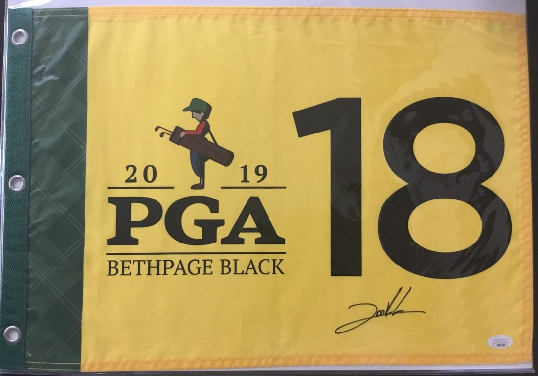 Jon Rahm Autographed Bethpage Black Flag #18 JSA AK80788: Jon Rahm Autographed Bethpage Black Flag #18 JSA AK80788 This is an original Bethpage Black pin flag from the 2019 PGA tournament, proudly signed by professional golfer Jon Rahm. The flag features a p