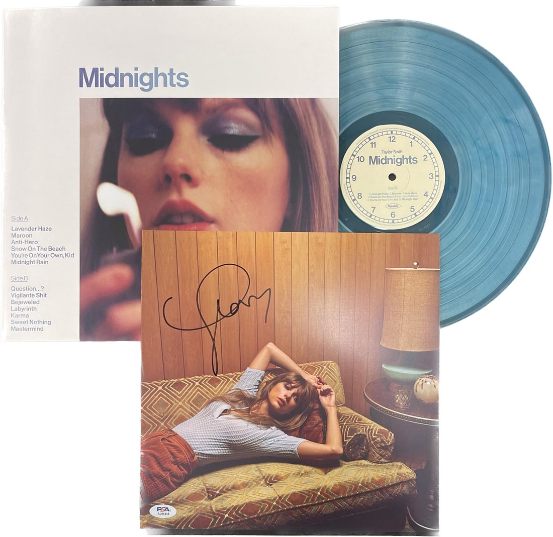 Taylor Swift Autographed Moonstone Vinyl Insert PSA/DNA Midnights: Taylor Swift Autographed Moonstone Vinyl Insert PSA/DNA Midnights This is a Moonstone vinyl insert from Taylor Swift's album "Midnights," featuring her authentic autograph. The signature has been veri