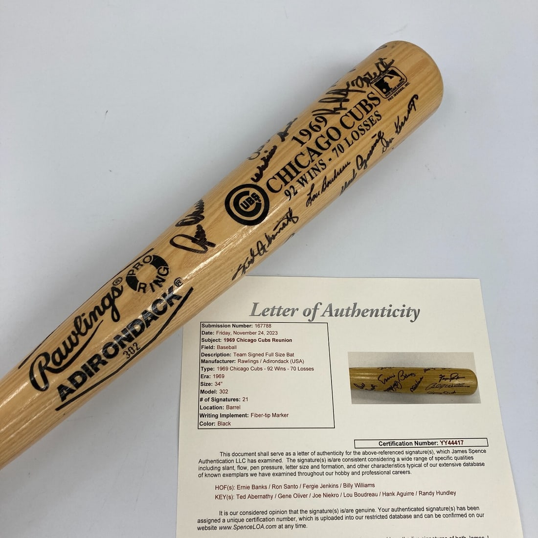 1969 Chicago Cubs Team Signed Baseball Bat 21 Sigs JSA COA: 1969 Chicago Cubs Team Signed Baseball Bat 21 Sigs JSA COA This striking 1969 Chicago Cubs Team Signed Baseball Bat features 21 authentic signatures, including those of legendary players such as Ernie