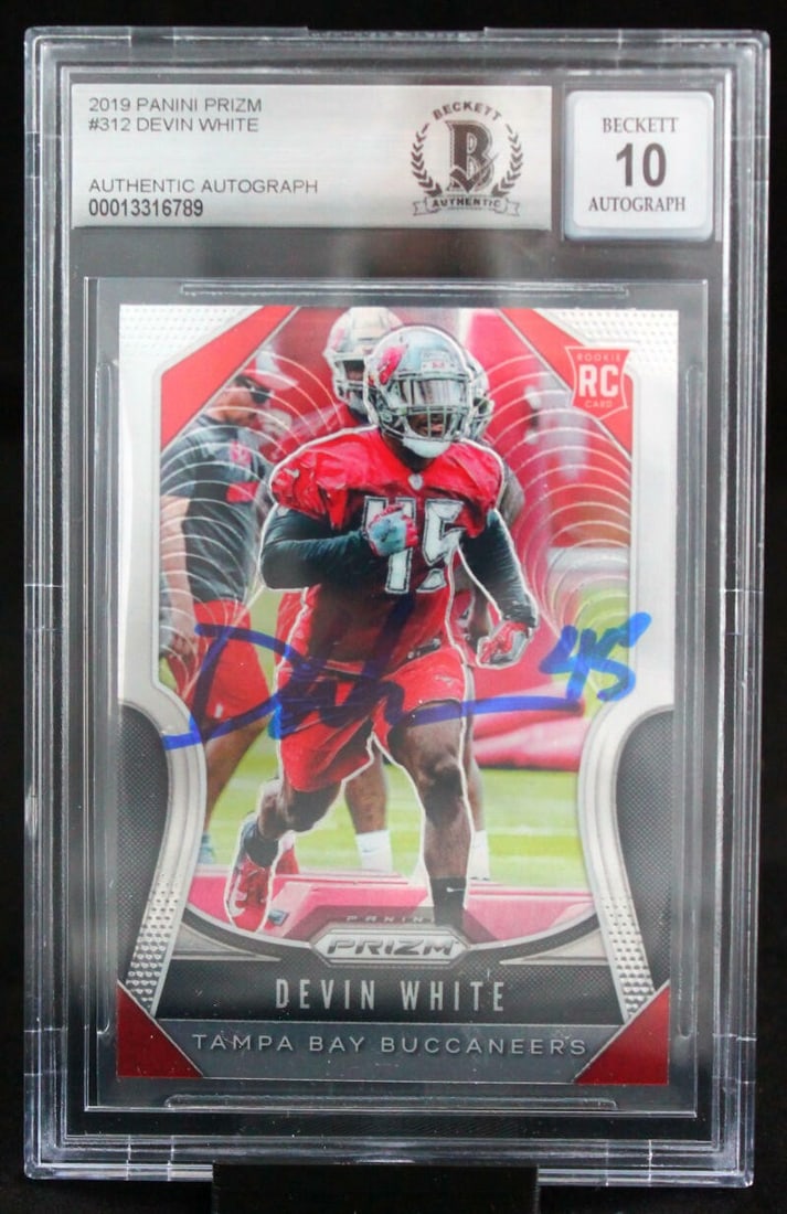 Devin White 2019 Panini Prizm Rookie Auto BGS 10 Tampa Bay Buccaneers: Devin White 2019 Panini Prizm Rookie Auto BGS 10 Tampa Bay Buccaneers This is a 2019 Panini Prizm #312 Devin White rookie sports trading card featuring the Tampa Bay Buccaneers linebacker. The card is