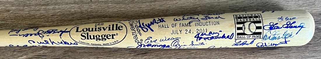 Hall of Fame Bat Signed by 47 Legends Al Kaline Collection COA: Hall of Fame Bat Signed by 47 Legends Al Kaline Collection COA This remarkable Hall of Fame logo bat features the signatures of 47 legendary Hall of Famers, including 19 who have unfortunately passed