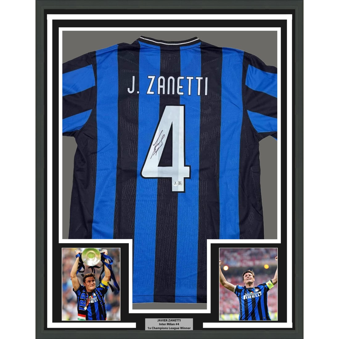 Framed Signed Javier Zanetti Inter Milan Jersey Beckett Authenticated: Framed Signed Javier Zanetti Inter Milan Jersey Beckett Authenticated This stunning, professionally framed jersey features the autograph of Javier Zanetti, a legendary player from Inter Milan. Measuri