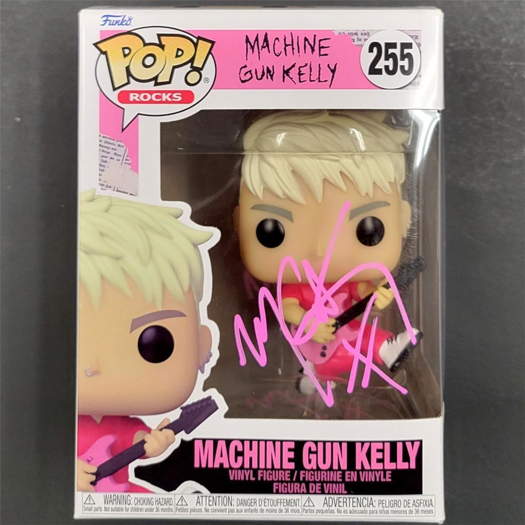 Autographed Machine Gun Kelly Funko Pop Figure with Beckett Authentication: Autographed Machine Gun Kelly Funko Pop Figure with Beckett Authentication This is a Funko Pop! figure signed by Machine Gun Kelly (MGK). The autograph is authenticated by Beckett and the figure is an