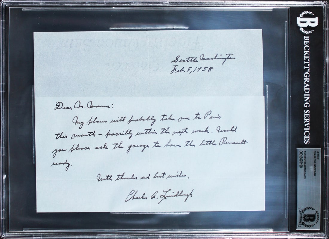 Charles Lindbergh Signed Handwritten Letter Feb 5 1958 Beckett Authenticated: Charles Lindbergh Signed Handwritten Letter Feb 5 1958 Beckett Authenticated This remarkable item features a handwritten letter signed by Charles Lindbergh, dated February 5, 1958. Measuring 6.75x8.5