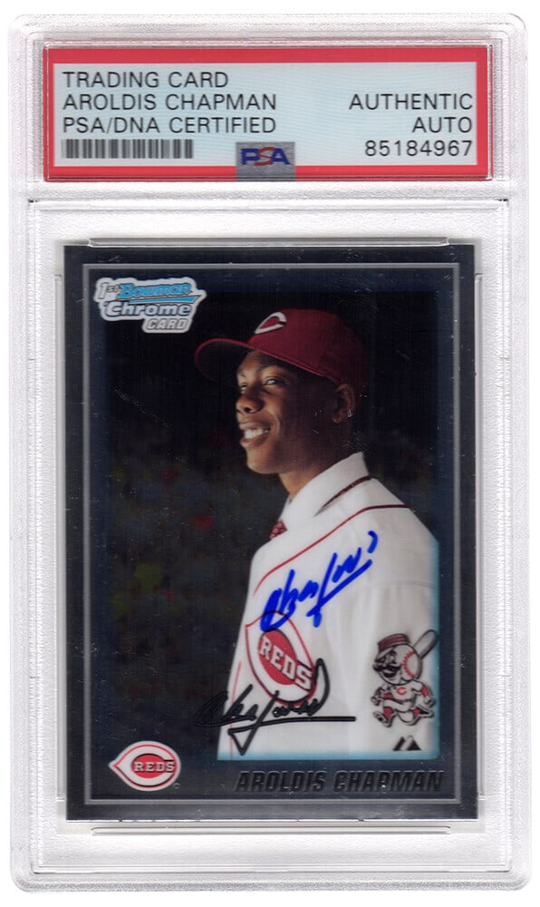 Aroldis Chapman Signed 2010 Bowman Chrome Rookie Card PSA Encapsulated: Aroldis Chapman Signed 2010 Bowman Chrome Rookie Card PSA Encapsulated This is a signed Aroldis Chapman 2010 Bowman Chrome rookie baseball card, featuring the Cincinnati Reds. The card is encapsulated