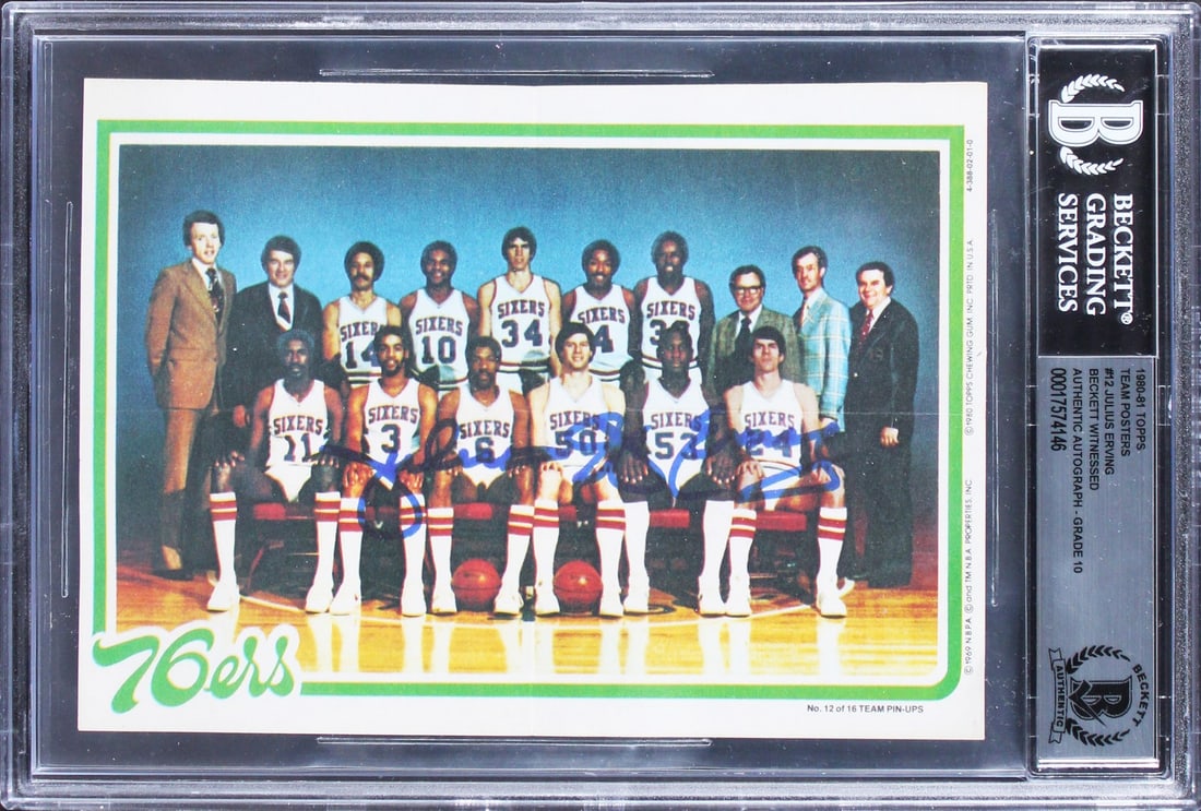 Julius Erving Autographed 1980 Topps #12 Card Gem Mint 10 BAS Slabbed: Julius Erving Autographed 1980 Topps #12 Card Gem Mint 10 BAS Slabbed This 1980 Topps Team Posters #12 card features a stunning autograph from basketball legend Julius Erving, a key player for the Phi