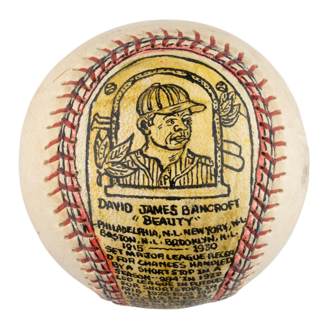 George Sosnak Hand Painted Baseball Tribute to Dave Bancroft: George Sosnak Hand Painted Baseball Tribute to Dave Bancroft This is a remarkable hand-painted folk art baseball created by George Sosnak, a former minor-league umpire known for his unique artistry. T