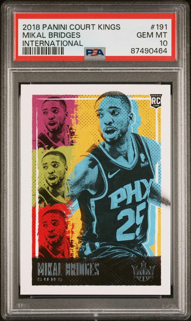 2018 Court Kings Mikal Bridges #191 PSA 10 Graded Basketball Card: 2018 Court Kings Mikal Bridges #191 PSA 10 Graded Basketball Card This is a graded 2018 Court Kings Mikal Bridges #191 International Basketball Card, receiving a perfect PSA 10 grade from Professional