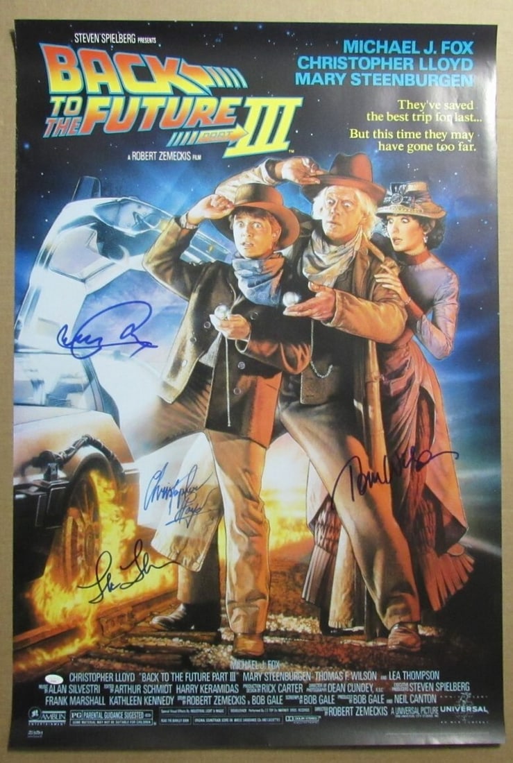Back to the Future III Multi-Signed Movie Poster 27x40 JSA Authenticated: Back to the Future III Multi-Signed Movie Poster 27x40 JSA Authenticated This is an original, multi-signed movie poster from "Back to the Future III," featuring autographs from four actors. The poster