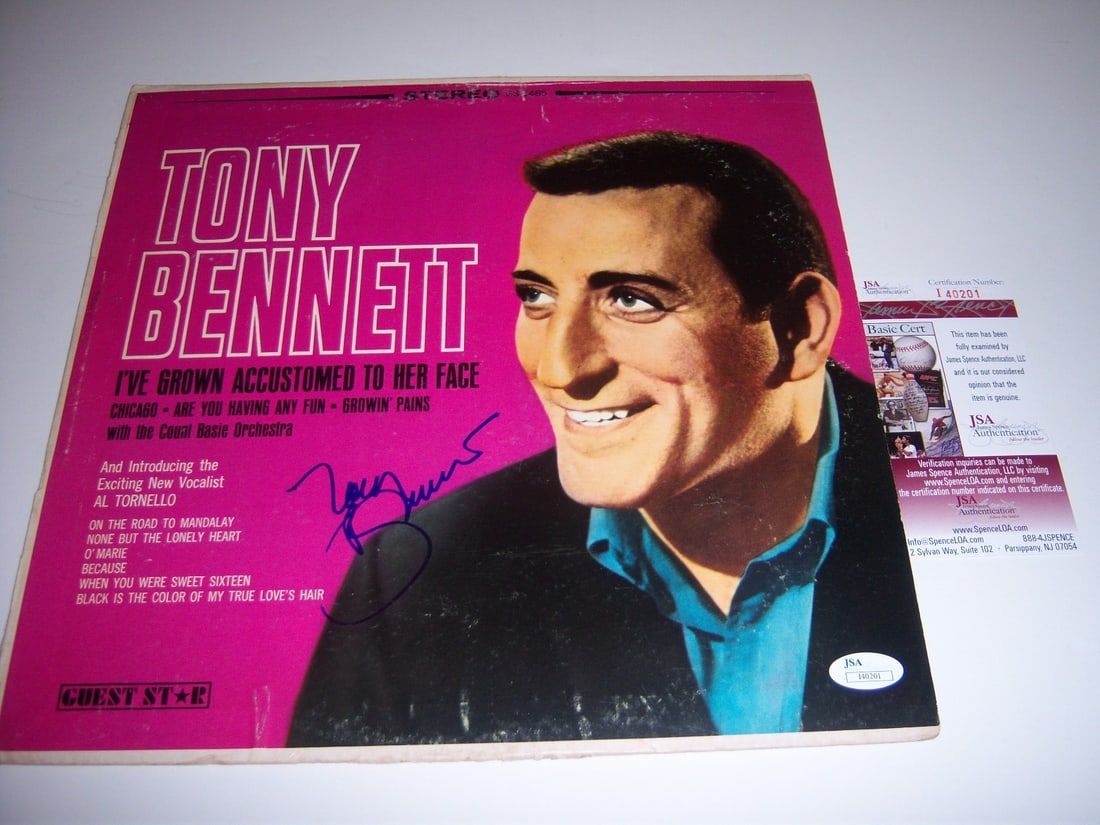 Tony Bennett I've Grown Accustomed JSA Signed LP Record: Tony Bennett I've Grown Accustomed JSA Signed LP Record This is a pre-owned original LP record album of "I've Grown Accustomed to Her Face" by Tony Bennett. The album is authenticated with a JSA signa