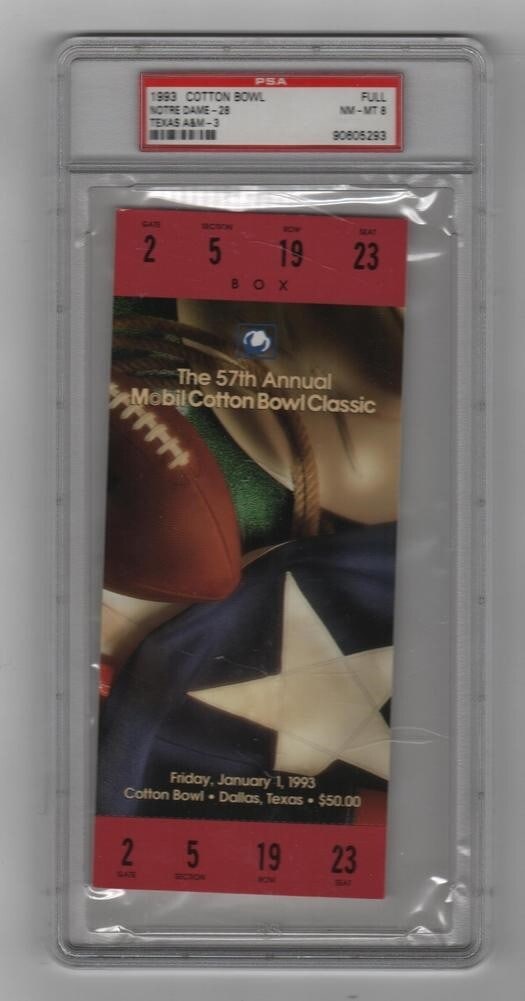 1993 Cotton Bowl Full Ticket Notre Dame vs Texas A&M PSA 5293: 1993 Cotton Bowl Full Ticket Notre Dame vs Texas A&M PSA 5293 Celebrate college football history with this original 1993 Cotton Bowl full ticket featuring the thrilling matchup between Notre Dame and