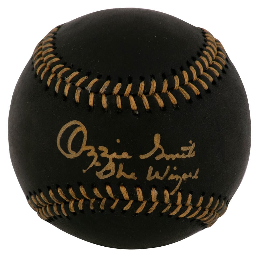 Rawlings Black MLB Baseball Autographed by Ozzie Smith With The Wizard Inscription: Rawlings Black MLB Baseball Autographed by Ozzie Smith With The Wizard Inscription This Rawlings official black MLB baseball is hand-signed by Ozzie Smith and features 'The Wizard' inscription. The it