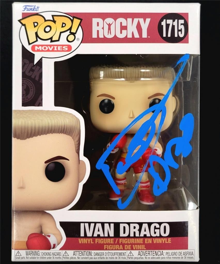 Dolph Lundgren autograph Drago Rocky Funko Pop 1715 with Beckett authentication: Dolph Lundgren autograph Drago Rocky Funko Pop 1715 with Beckett authentication This is an original Funko Pop! figure number 1715 featuring the character Drago from the movie Rocky, hand-signed by Dol