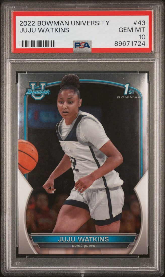 2022 Topps Bowman University JuJu Watkins PSA 10 RC Basketball Card: 2022 Topps Bowman University JuJu Watkins PSA 10 RC Basketball Card This is a graded 2022 Topps Bowman University JuJu Watkins #43 rookie card, certified by Professional Sports Authenticator (PSA) wit