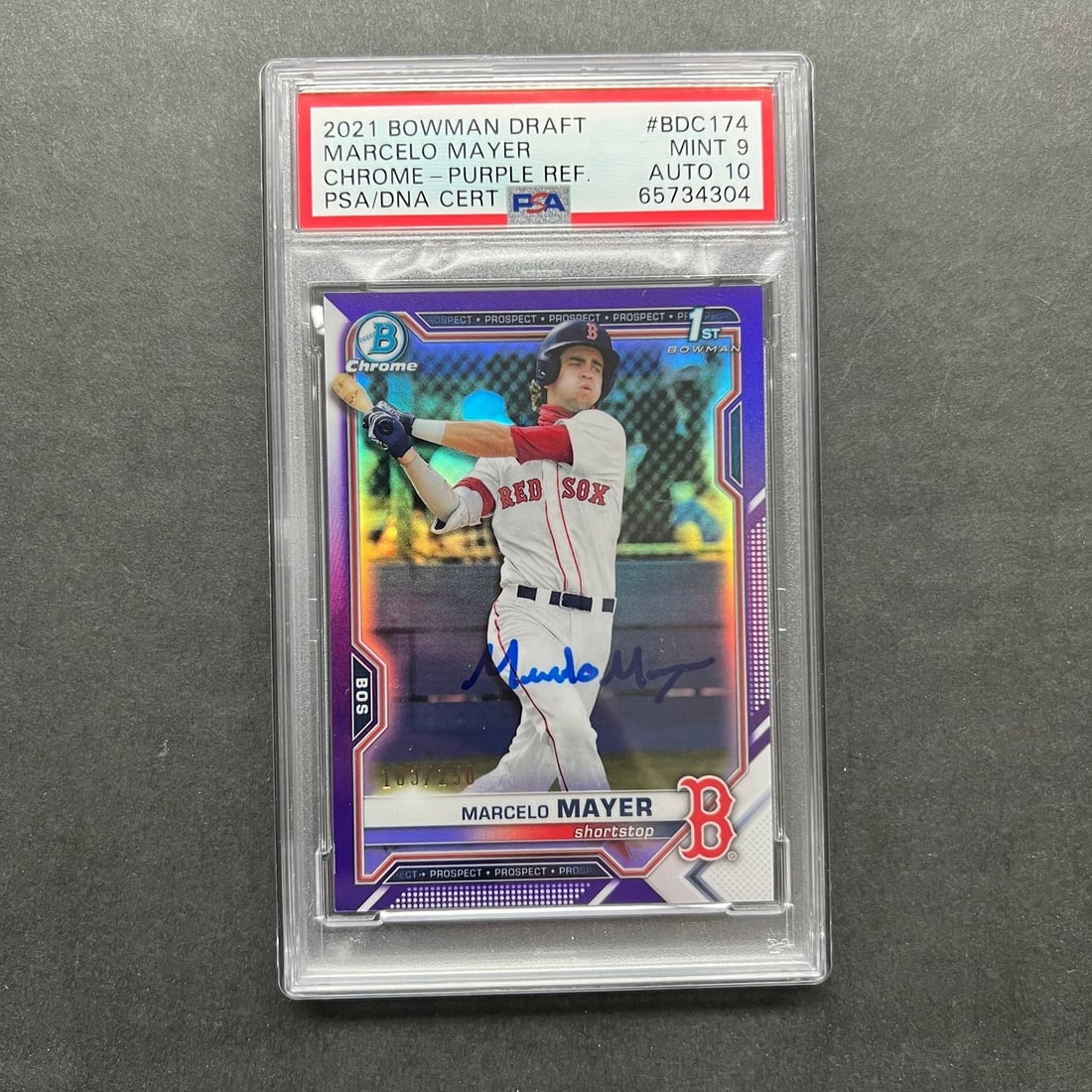2021 Bowman Chrome Marcelo Mayer Signed Purple Card PSA 9 AUTO 10: 2021 Bowman Chrome Marcelo Mayer Signed Purple Card PSA 9 AUTO 10 This 2021 Bowman Chrome 1st Purple #BDC-174 card features a striking signature from baseball prospect Marcelo Mayer. Graded at a Mint