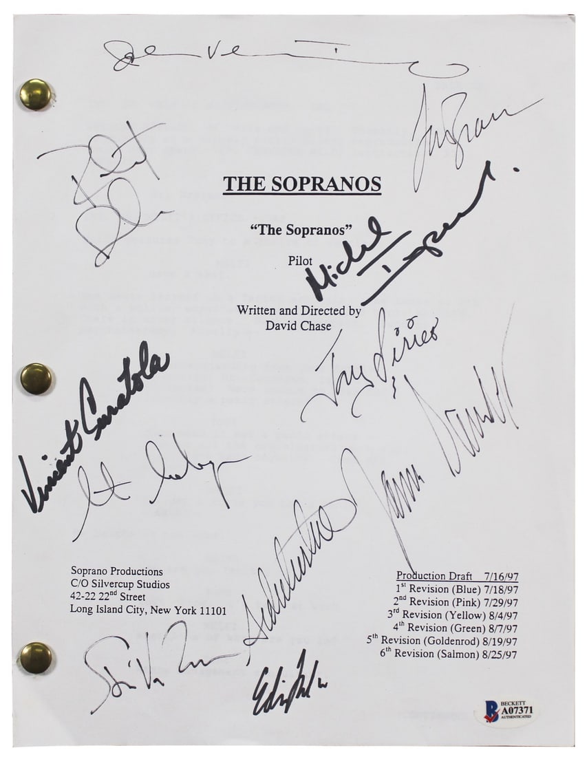 The Sopranos Signed Pilot Script with 8 Cast Autographs Beckett COA: The Sopranos Signed Pilot Script with 8 Cast Autographs Beckett COA This original signed pilot TV script from 'The Sopranos' features the autographs of renowned cast members James Gandolfini, Edie Fal