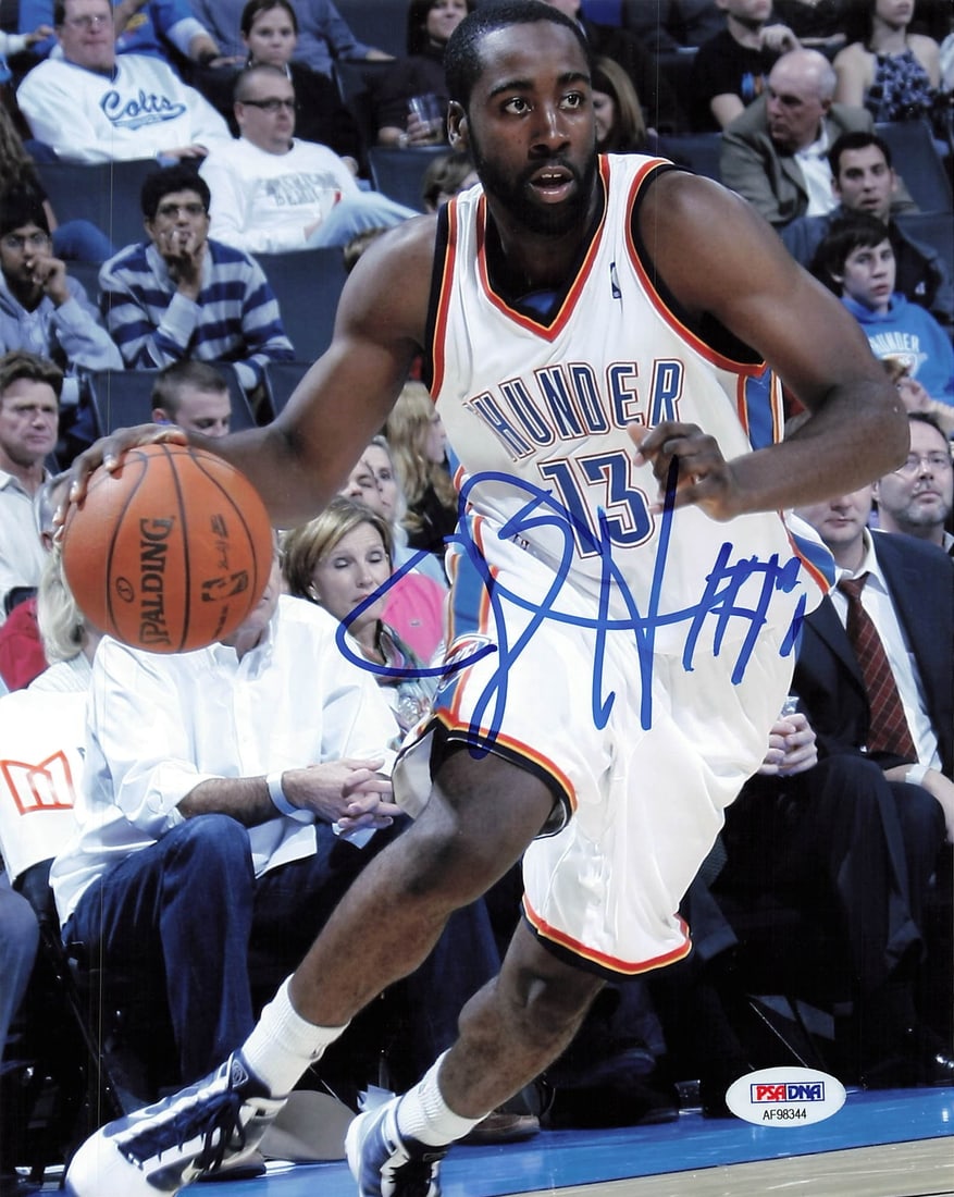 James Harden Autographed 8x10 Photo PSA/DNA Thunder Basketball: James Harden Autographed 8x10 Photo PSA/DNA Thunder Basketball This professionally printed 8x10 photograph features the autograph of James Harden, who played for the Thunder. The signature has been au