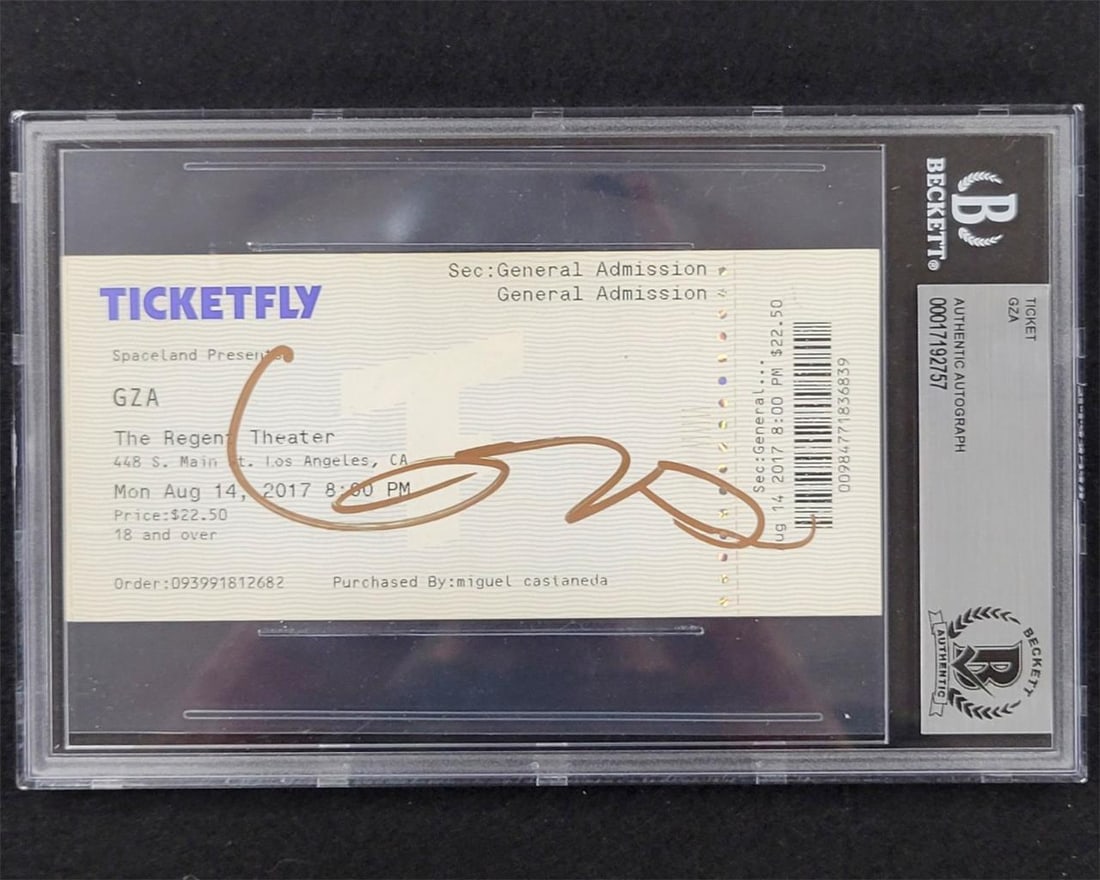 Gza autographed concert ticket with Beckett authentication Wu-Tang Clan memorabilia: Gza autographed concert ticket with Beckett authentication Wu-Tang Clan memorabilia This is an original Regent concert ticket signed by Gza of Wu-Tang Clan. The autograph has been authenticated by Bec