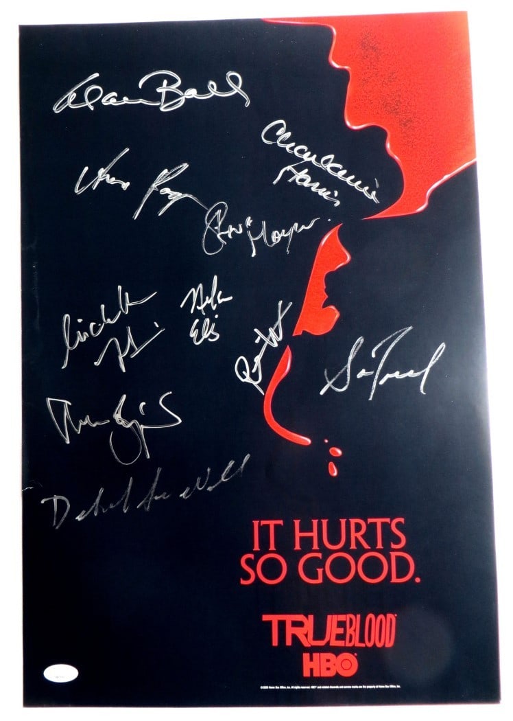 True Blood Cast Signed 13x20 Poster with 10 Autographs JSA: True Blood Cast Signed 13x20 Poster with 10 Autographs JSA This is a captivating True Blood cast autographed poster measuring approximately 13x20 inches. Featuring signatures from notable cast members