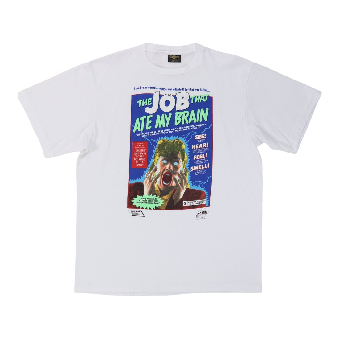 Vintage 1989 The Job That Ate My Brain White Cotton T-Shirt XL: Vintage 1989 The Job That Ate My Brain White Cotton T-Shirt XL This is an original vintage 1989 "The Job That Ate My Brain" shirt, not a modern reproduction. The shirt features no back graphics and is