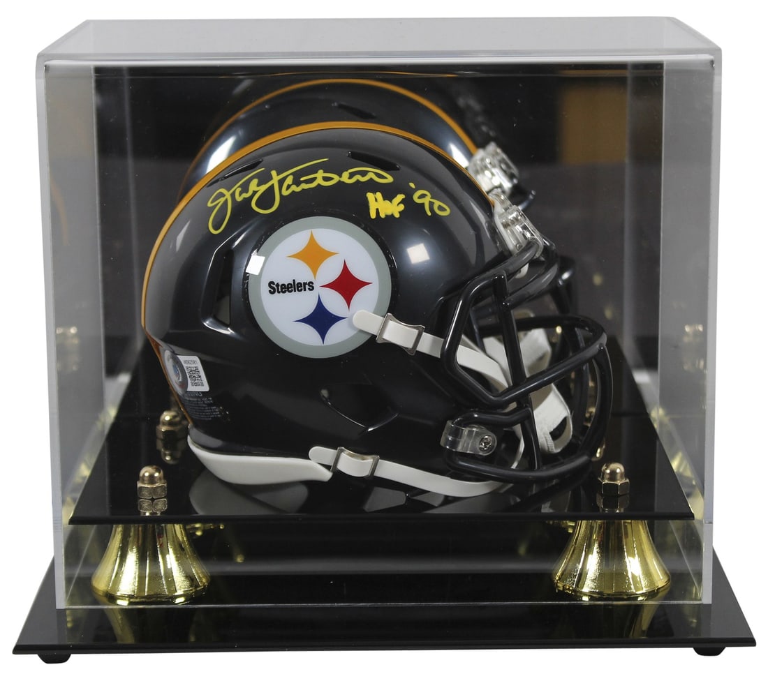 Jack Lambert Signed Mini Helmet HOF 90 with Beckett Authentication: Jack Lambert Signed Mini Helmet HOF 90 with Beckett Authentication This Pittsburgh Steelers Speed Mini Helmet has been personally signed by Hall of Famer Jack Lambert, featuring the inscription "HOF 9