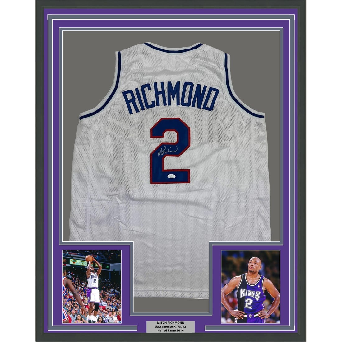 Mitch Richmond Signed Sacramento Kings White Jersey Framed with JSA Authentication: Mitch Richmond Signed Sacramento Kings White Jersey Framed with JSA Authentication This professionally framed and matted display features a Sacramento Kings white jersey autographed by Mitch Richmond.