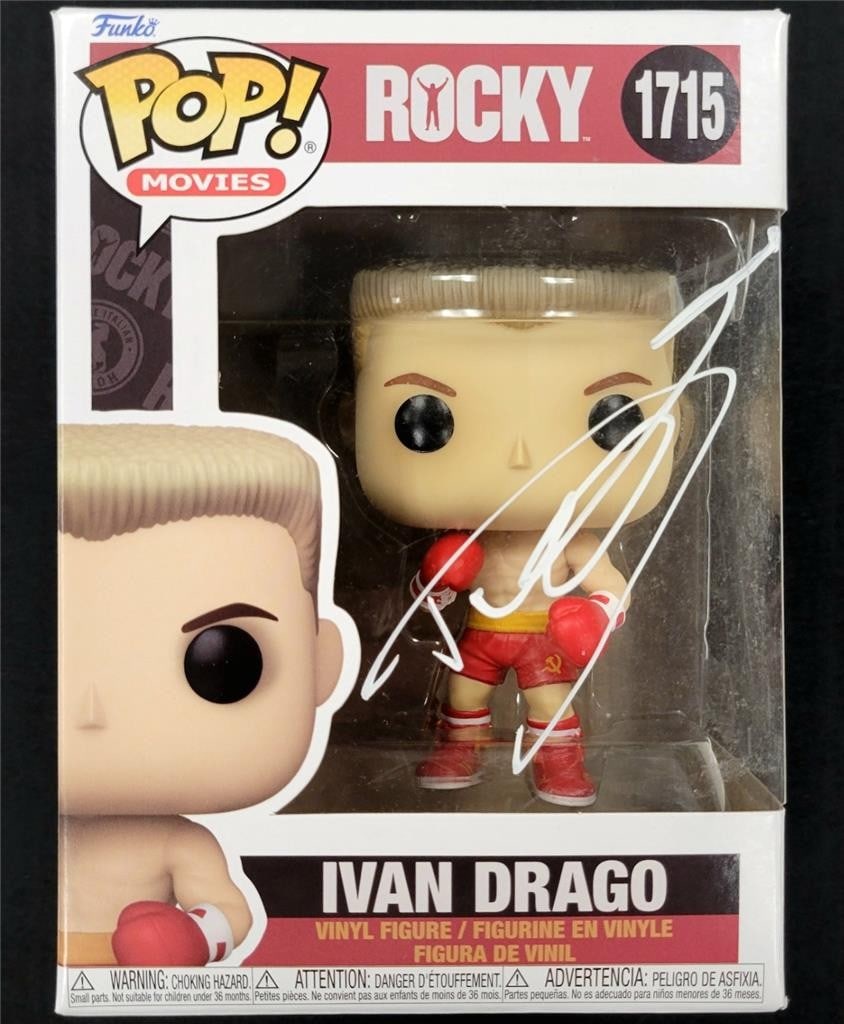 Beckett Authenticated Dolph Lundgren Autographed Ivan Drago Rocky Funko Pop 1715: Beckett Authenticated Dolph Lundgren Autographed Ivan Drago Rocky Funko Pop 1715 This Ivan Drago Funko Pop! #1715 from the Rocky movie series features an autograph by Dolph Lundgren. The signature has