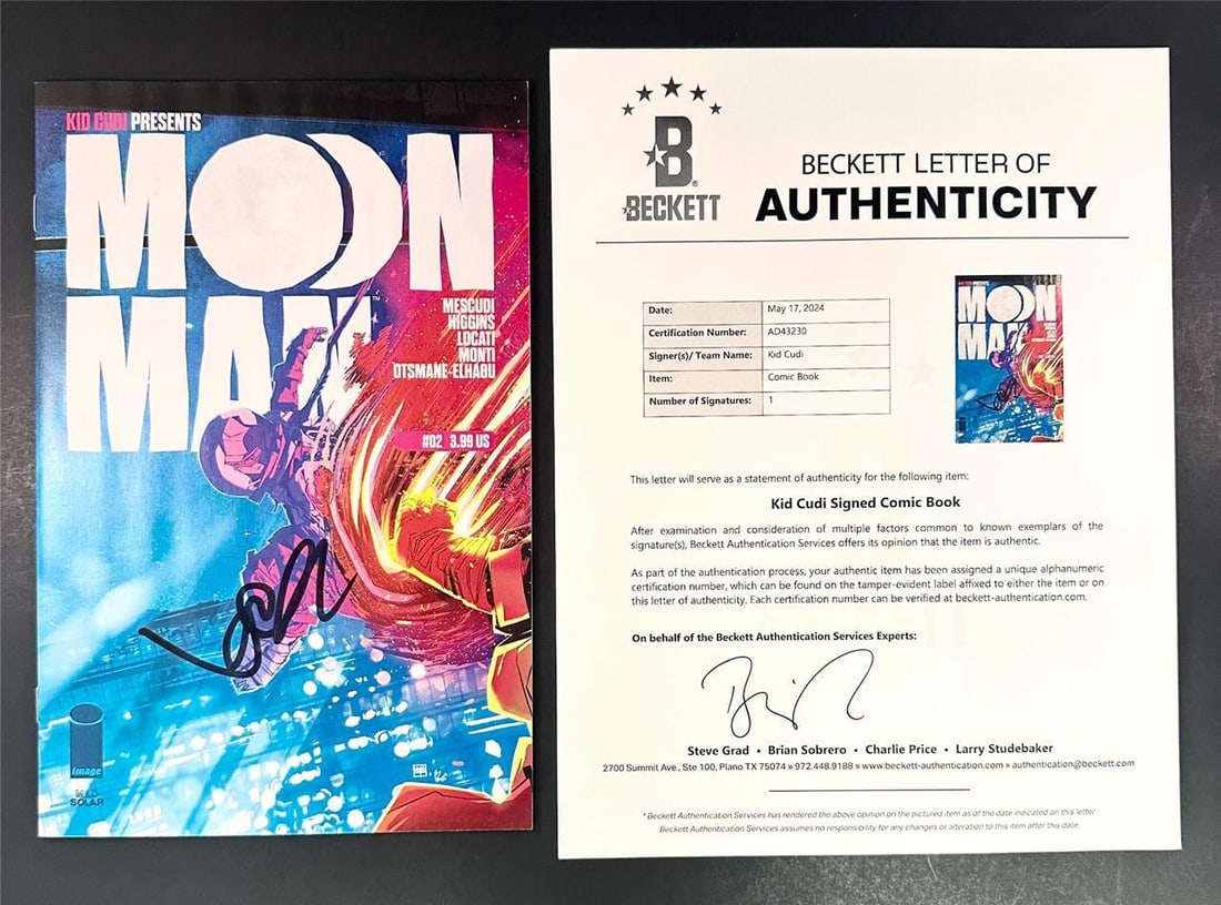Kid Cudi Signed Moon Man Comic Book #2 Beckett Authenticated: Kid Cudi Signed Moon Man Comic Book #2 Beckett Authenticated This is an original Kid Cudi signed Moon Man Comic Book Issue #2 Cover A, featuring a certified autograph authenticated by Beckett. The com