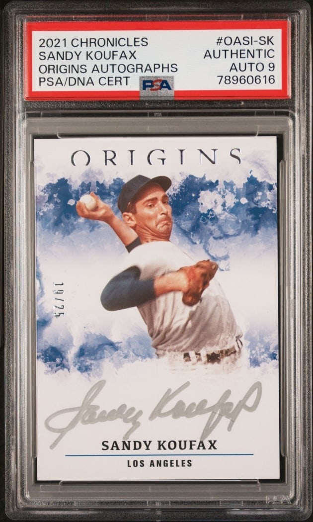Sandy Koufax 2021 Chronicles Origins PSA 9 Auto 19/25 Dodgers HOF Card: Sandy Koufax 2021 Chronicles Origins PSA 9 Auto 19/25 Dodgers HOF Card This is a 2021 Chronicles Origins Baseball Card featuring Hall of Famer Sandy Koufax, graded by Professional Sports Authenticator