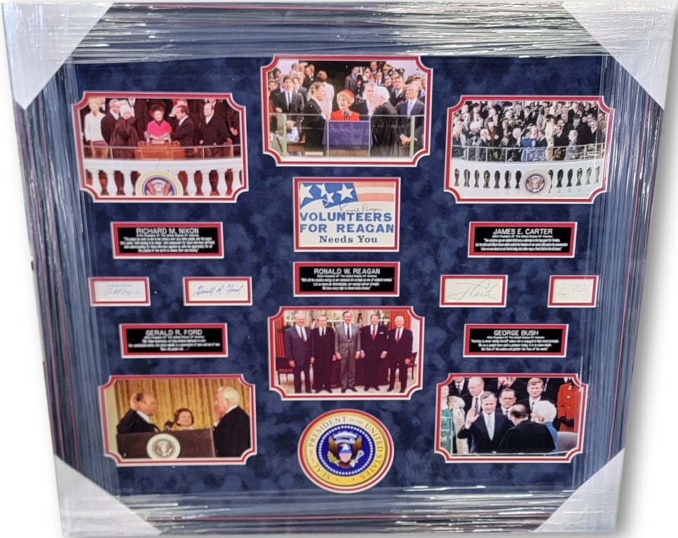 Presidential Signatures Collage Richard Nixon Ronald Reagan Ford Carter Bush 32x43: Presidential Signatures Collage Richard Nixon Ronald Reagan Ford Carter Bush 32x43 This unique autographed collage features the signatures of five U.S. Presidents: Richard Nixon, Ronald Reagan, Gerald