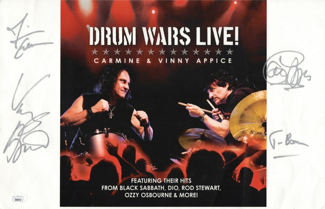 Drum Wars Autographed Poster 11X17 Appice Crean Anderson JSA Certified: Drum Wars Autographed Poster 11X17 Appice Crean Anderson JSA Certified Celebrate the legendary Drum Wars with this autographed 11X17 poster, featuring signatures from iconic drummers Carmine Appice, V