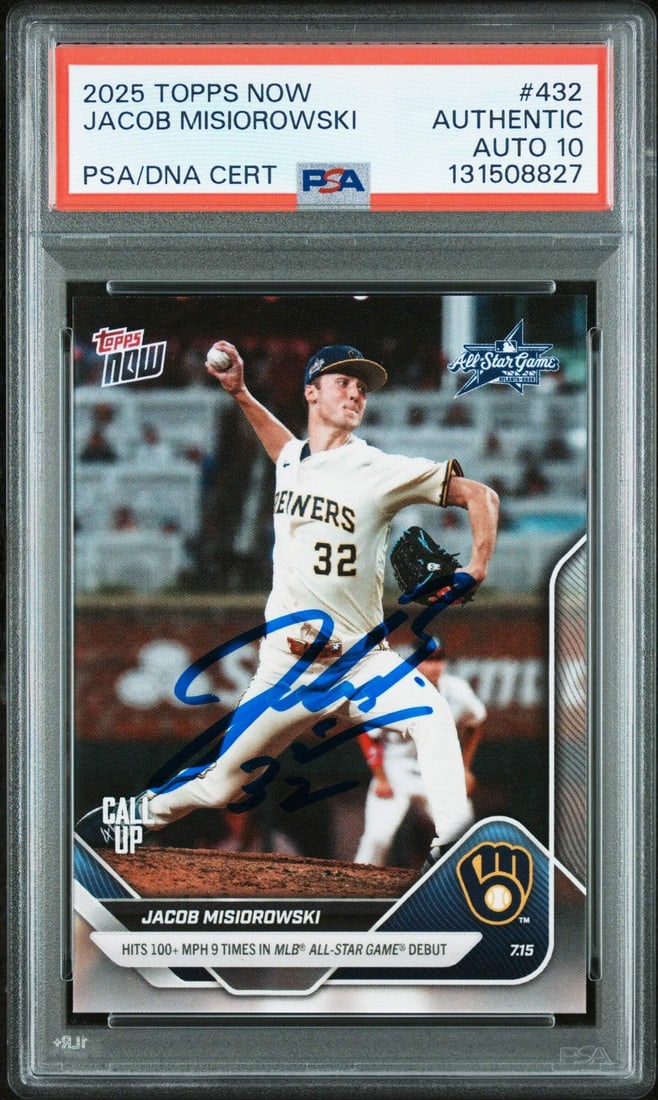 PSA 10 2025 Topps Now Jacob Misiorowski Rookie Card With Autograph: PSA 10 2025 Topps Now Jacob Misiorowski Rookie Card With Autograph This is an original 2025 Topps Now Jacob Misiorowski #432 Rookie RC card, professionally graded and encapsulated by Professional Spor