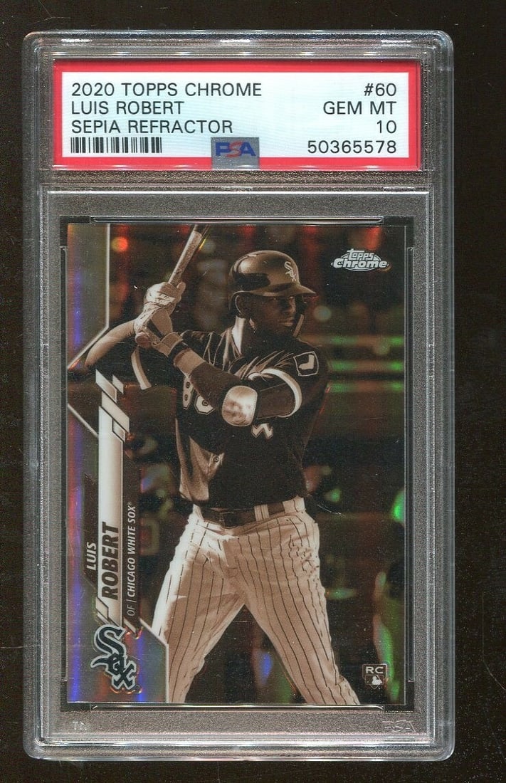 Luis Robert 2020 Topps Chrome Sepia Refractor #60 PSA 10 White Sox Rookie Card: Luis Robert 2020 Topps Chrome Sepia Refractor #60 PSA 10 White Sox Rookie Card This 2020 Topps Chrome Sepia Refractor card features rookie player Luis Robert, a standout from the Chicago White Sox. Gr