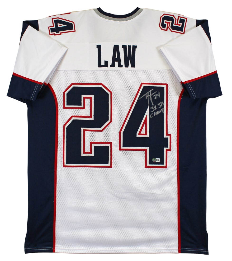 Ty Law Signed New England Patriots Jersey 3x SB Champ BAS Witnessed: Ty Law Signed New England Patriots Jersey 3x SB Champ BAS Witnessed This authentic white pro style jersey features the inscription "3x SB Champ" and is personally signed by Ty Law, the celebrated play
