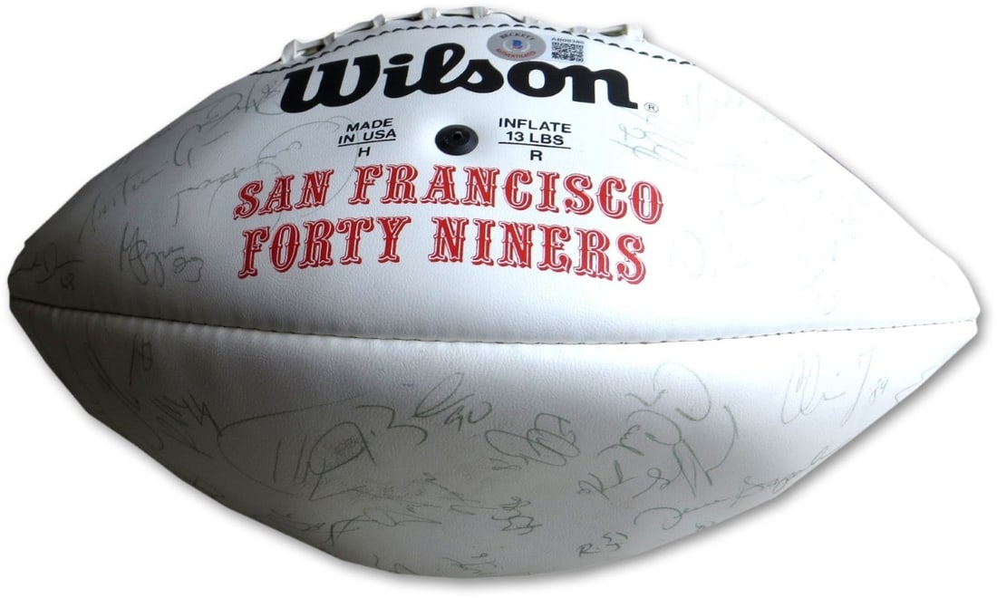 1995 San Francisco 49ers Autographed Football 55 Signatures Beckett Certified: 1995 San Francisco 49ers Autographed Football 55 Signatures Beckett Certified This 1995 San Francisco 49ers football is a remarkable piece of memorabilia, featuring a total of 55 signatures from legen