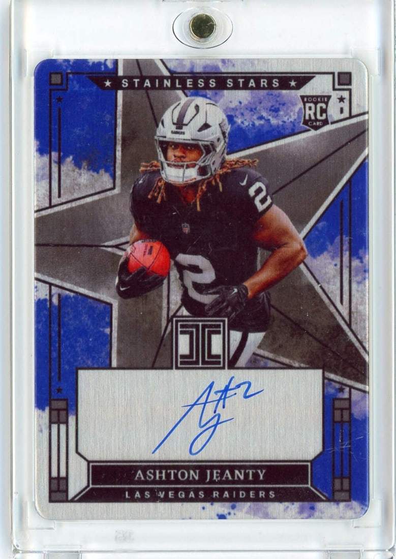 2025 Panini Impeccable Ashton Jeanty Rookie Auto /49 Graded NFL: 2025 Panini Impeccable Ashton Jeanty Rookie Auto /49 Graded NFL This is a 2025 Panini Impeccable Ashton Jeanty #SSAJY Stainless Stars Rookie Autograph card, numbered to 49. This original card