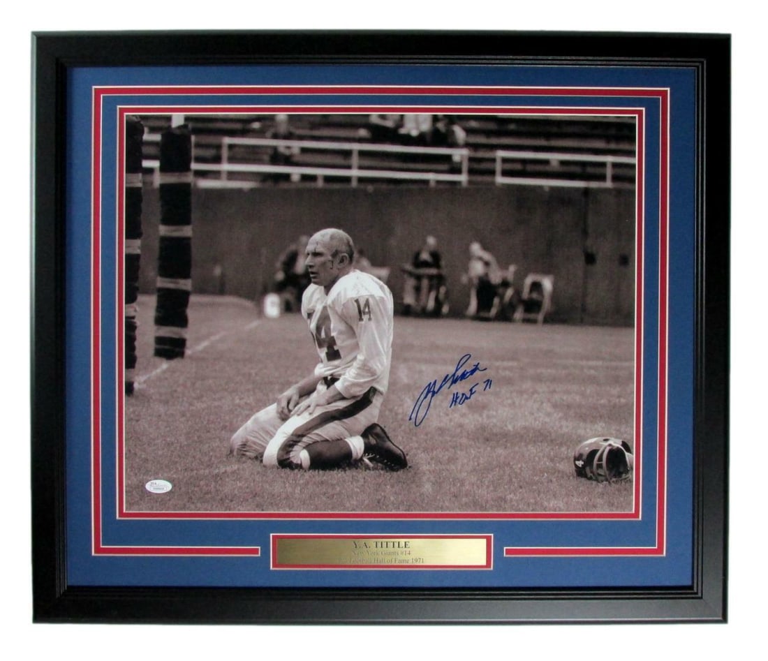 Y.A. Tittle HOF New York Giants Signed 16x20 Photo Framed JSA Authenticated: Y.A. Tittle HOF New York Giants Signed 16x20 Photo Framed JSA Authenticated This stunning 16x20 black and white photo features Y.A. Tittle, Hall of Fame quarterback for the New York Giants, with an