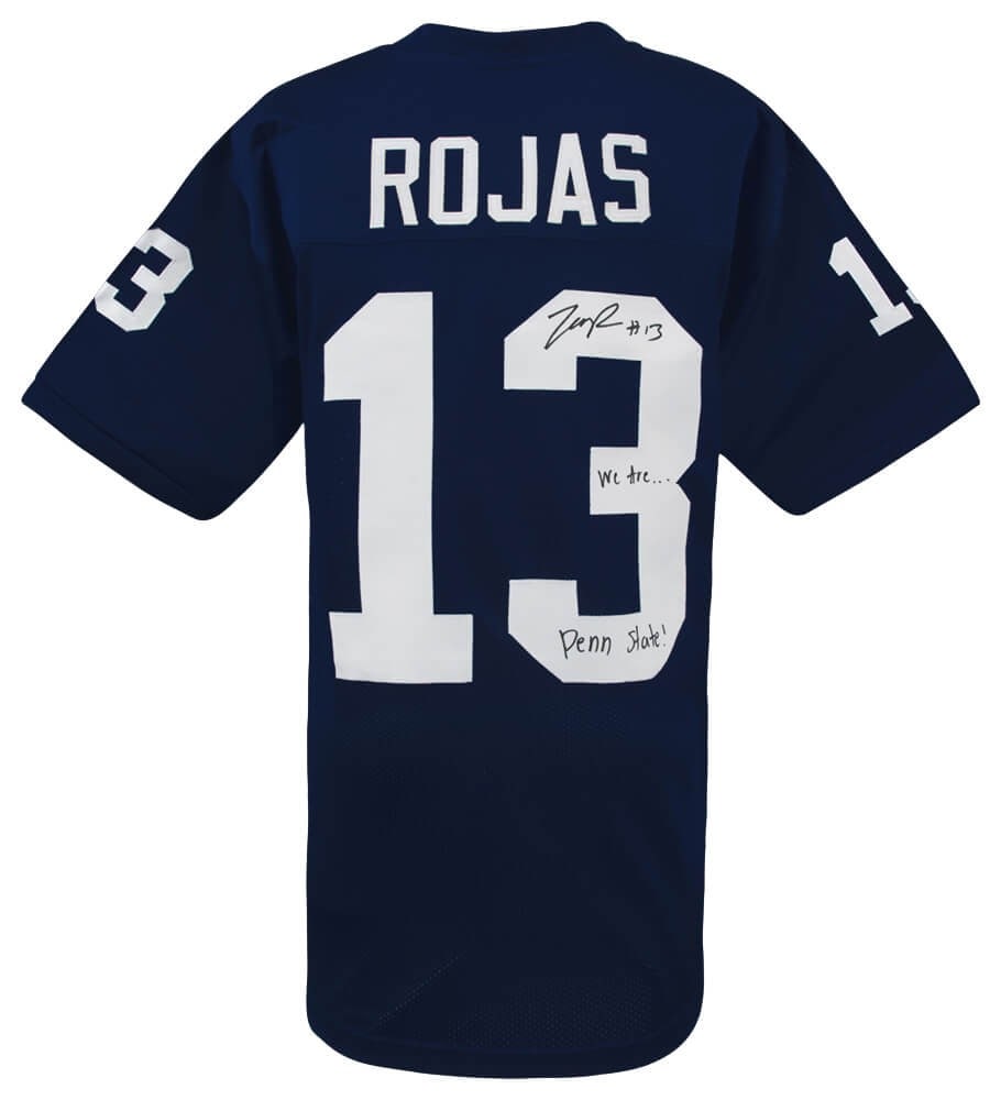 Navy Penn State Custom Football Jersey Signed by Tony Rojas With Inscription COA: Navy Penn State Custom Football Jersey Signed by Tony Rojas With Inscription COA This is a pre-owned navy custom college football jersey, signed by Tony Rojas. The jersey features a "We Are Penn State