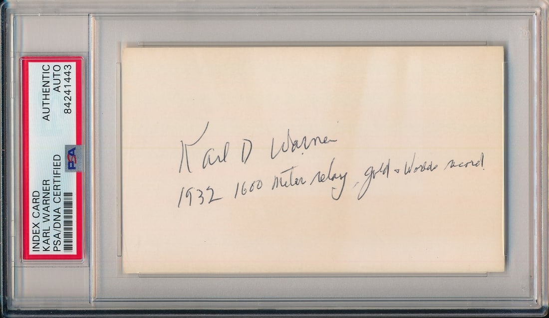Karl Warner Signed USA Runner Olympic Index Card PSA/DNA: Karl Warner Signed USA Runner Olympic Index Card PSA/DNA This offering features a signed and inscribed 3x5 index card from Karl Warner, an Olympic Gold Medalist representing the USA in track events. T