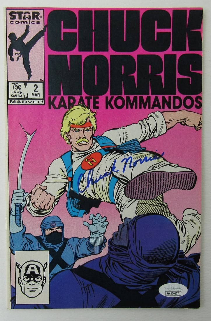Chuck Norris Autographed Karate Kommandos Comic Book JSA Certified 1987: Chuck Norris Autographed Karate Kommandos Comic Book JSA Certified 1987 This is an original Chuck Norris autographed comic book titled "Karate Kommandos", dated March 2, 1987. The autograph has been a