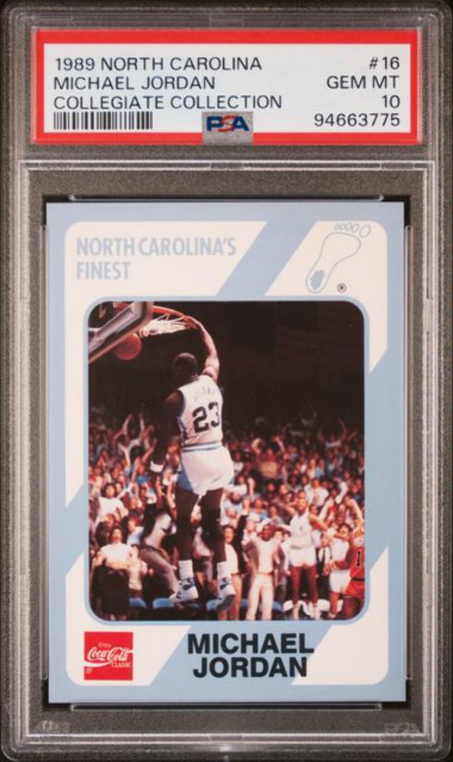 PSA 10 North Carolina Michael Jordan 1989 Collegiate Card #16 Original: PSA 10 North Carolina Michael Jordan 1989 Collegiate Card #16 Original This is an original 1989 North Carolina Collegiate Collection Michael Jordan #16 basketball card, professionally graded and encap