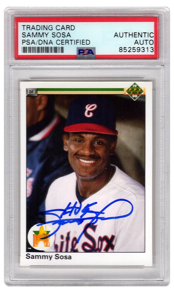 Sammy Sosa Signed 1990 Upper Deck White Sox Card #17 PSA Authenticated: Sammy Sosa Signed 1990 Upper Deck White Sox Card #17 PSA Authenticated This is a Sammy Sosa signed Chicago White Sox 1990 Upper Deck trading card #17, showcasing the iconic player during his early car