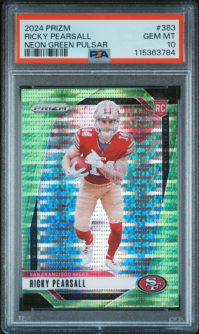 2024 Panini Prizm Ricky Pearsall Neon Green Pulsar Rookie Card PSA 10 Authentic: 2024 Panini Prizm Ricky Pearsall Neon Green Pulsar Rookie Card PSA 10 Authentic This is a Graded 2024 Panini Prizm Ricky Pearsall 383 Neon Green Pulsar Rookie Card, featuring the rookie of NFL player