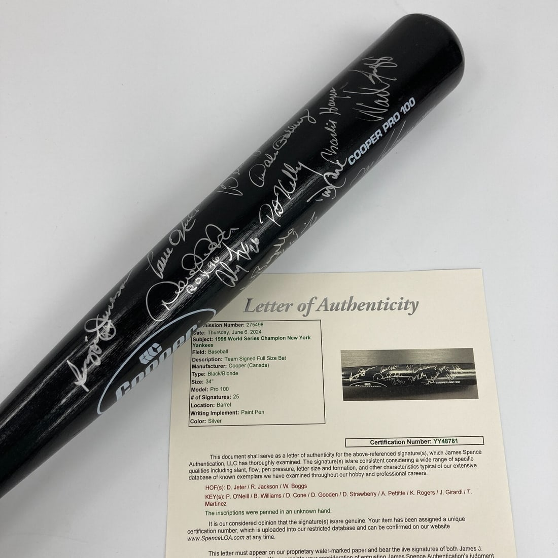 1996 New York Yankees Team Signed Bat with 25 Autographs JSA COA: 1996 New York Yankees Team Signed Bat with 25 Autographs JSA COA Celebrate the legacy of the 1996 New York Yankees with this team-signed bat, featuring 25 bold signatures in strong silver ink, includi