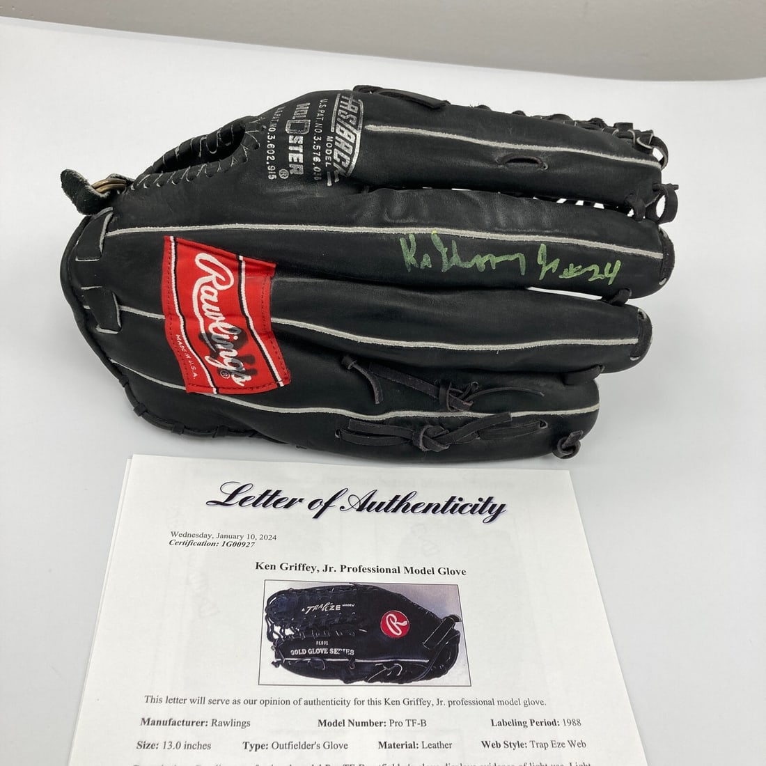 Ken Griffey Jr 1989 Game Used Rawlings Glove with PSA DNA JSA COA: Ken Griffey Jr 1989 Game Used Rawlings Glove with PSA DNA JSA COA This Ken Griffey Jr. 1989 rookie game-used Rawlings baseball glove is a must-have for any baseball memorabilia collector. This officia