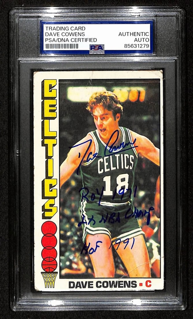 Dave Cowens HOF Signed 1976-77 TOPPS Card #30 Celtics PSA/DNA: Dave Cowens HOF Signed 1976-77 TOPPS Card #30 Celtics PSA/DNA This is an original 1976-77 TOPPS Card #30 featuring Dave Cowens, a Hall of Fame basketball player. The card is signed and inscribed with